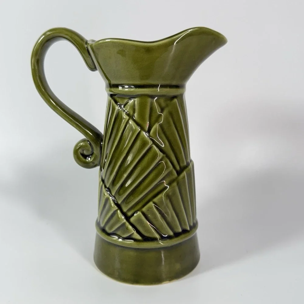 Mid Century Modern MCM Pitcher Vintage Avocado Green Geometric Ceramic 1970s‎